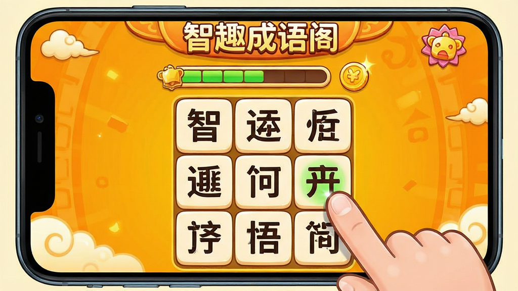 智趣成语阁趣味闯关模式界面,画面展示手机屏幕中显示成语填字关卡,九宫格内分布汉字,用户手指点击选择正确答案,屏幕上方有进度条与金币奖励图标,