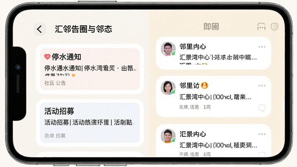 手机屏幕展示“汇景湾中心”社区公告与邻里圈界面,左侧为公告列表含停水通知和活动招募,右侧为邻里互动动态卡片,界面采用圆角卡片设计,浅色背景,文字清晰,布局对称,扁平化风格,高清画质,干净整洁