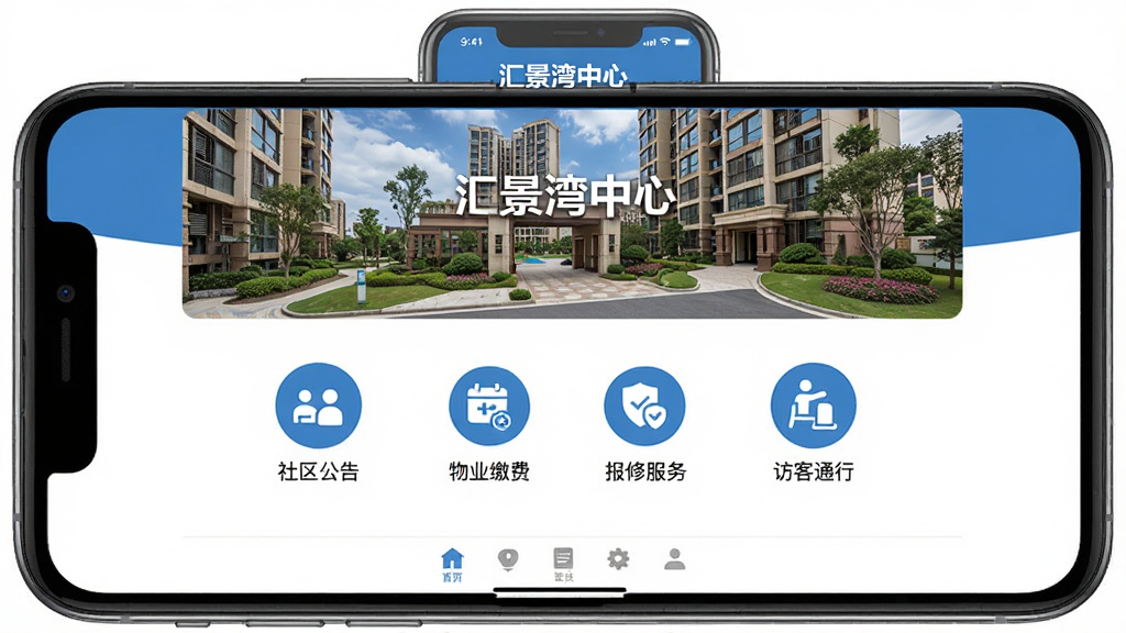 手机屏幕中央展示“汇景湾中心”应用主界面,顶部为小区实景照片横幅,中部排列社区公告、物业缴费、报修服务、访客通行四个圆形功能图标,底部为底部导航栏,整体布局简洁清晰,采用蓝白配色风格,扁平化设计,界面干净无多余元素,高清画质,手机产品展示图