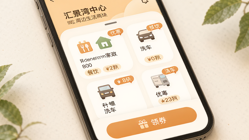 手机应用界面展示“汇景湾中心”周边生活板块,页面中呈现周边商家列表,包含餐饮、家政、洗车等图标,每家商户配有优惠标签,底部有领券按钮,整体采用暖色调,卡片式布局,圆角设计,界面清新自然,高清画质,无杂乱元素