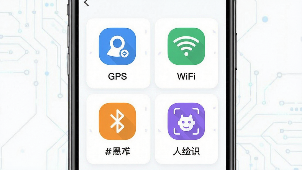 一张展示多维适考勤多种打卡方式的图片,主体是手机屏幕显示打卡方式选择界面,包含GPS、WiFi、蓝牙、人脸识别四个图标。布局采用四宫格排列,每个图标下方配有简短文字说明。排版整齐对称,风格简洁科技感,细节上图标采用扁平化设计,颜色分别为蓝、绿、橙、紫。画质高清,画面干净,无多余元素。