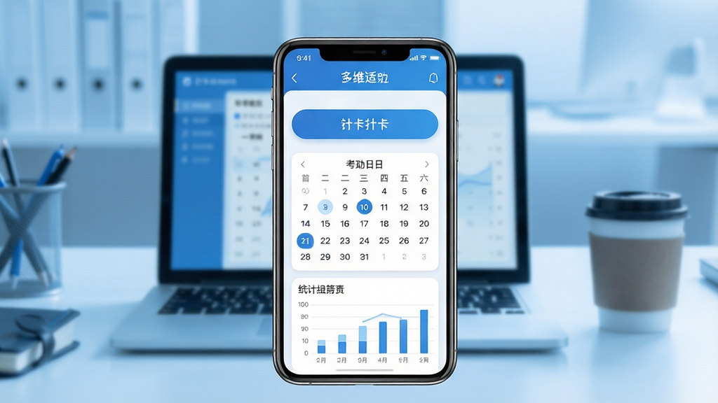 一张展示多维适考勤软件核心界面的图片,主体是一部智能手机屏幕,屏幕上显示着多维适考勤的打卡页面,包含打卡按钮、考勤日历和统计图表。布局采用居中构图,手机置于画面中央,周围环绕着淡蓝色的办公场景虚化背景,如办公桌、笔记本电脑和咖啡杯。排版简洁清晰,风格现代商务,细节上突出软件的蓝色主题色和圆角图标设计,画质高清,画面干净,无多余元素。