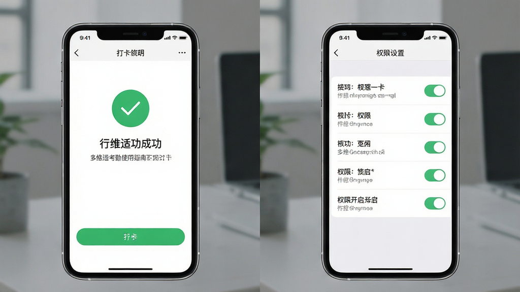 一张展示多维适考勤使用指南的图片,主体是手机屏幕显示打卡成功页面和权限设置界面。布局采用左右对比,左侧为打卡成功提示,右侧为权限开启列表。排版清晰直观,风格现代移动端UI,细节上打卡成功页面有绿色对勾图标,权限列表有开关按钮。画质高清,画面干净,无多余元素。