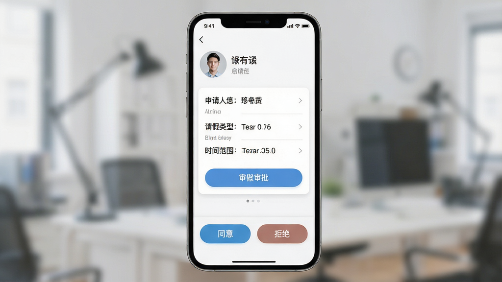 一张展示多维适考勤请假审批流程的图片,主体是手机屏幕显示审批详情页面,包含申请人信息、请假类型、时间范围和审批按钮。布局采用上下结构,顶部为申请人头像和姓名,中部为请假详情,底部为同意和拒绝按钮。排版简洁明了,风格现代移动端UI,细节上按钮采用圆角设计,颜色为蓝色和灰色。画质高清,画面干净,无多余元素。