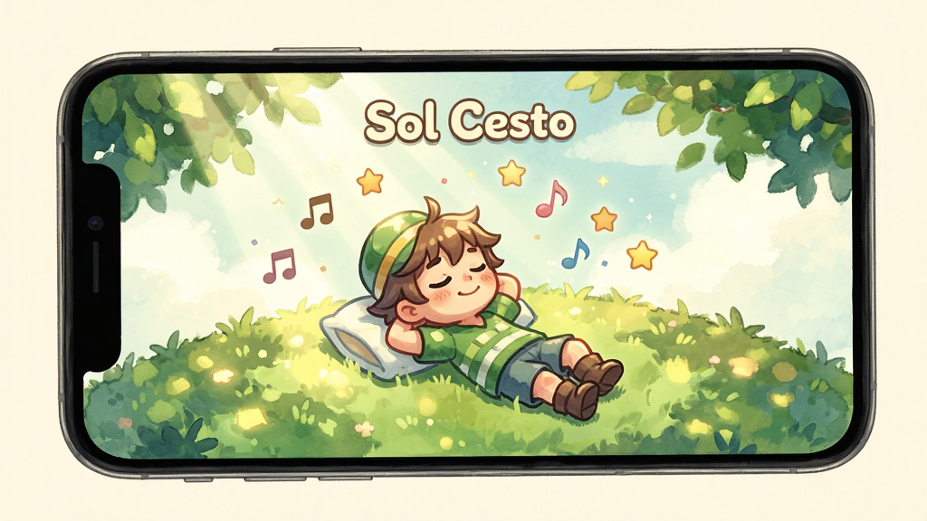 һ�ű���Sol Cesto��Ϸ���ɷ�Χ��AI����ͼ���������ֻ���Ļ��ʾ��Ϸ�����棬����Ϊ����չʾ���Ű������ǽ�ɫ�ڲݵ�����Ϣ����Χ��Ư�������������ǣ����Ϊ����ϵˮ�ʲ廭��ϸ�ڰ�������͸����Ҷ�Ĺ�ߺͽ�ɫ���еı��飬���ʸ���ɾ��������д��С�Sol Cesto�������֣�����ɫ����ů����޶���Ԫ�ء�