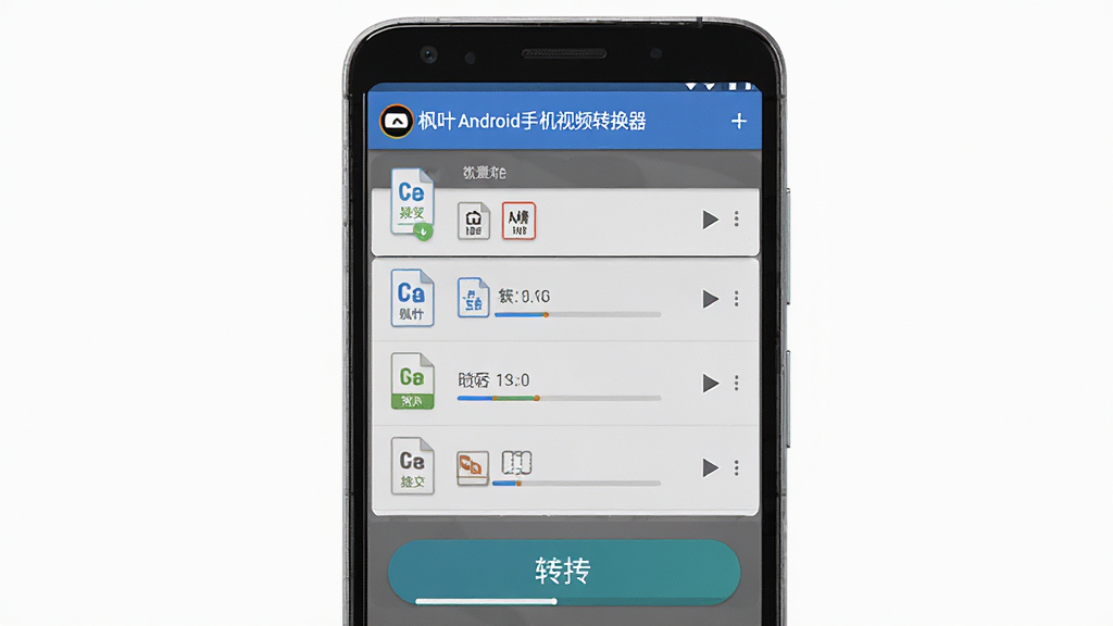 枫叶Android手机视频转换器软件主界面展示,主体为一台安卓手机屏幕,屏幕上显示视频转换器应用界面,布局为顶部标题栏和中部文件列表以及底部转换按钮,排版清晰整齐,风格为现代科技感扁平化设计,细节包括格式图标和进度条元素,画质高清,画面干净,无多余元素