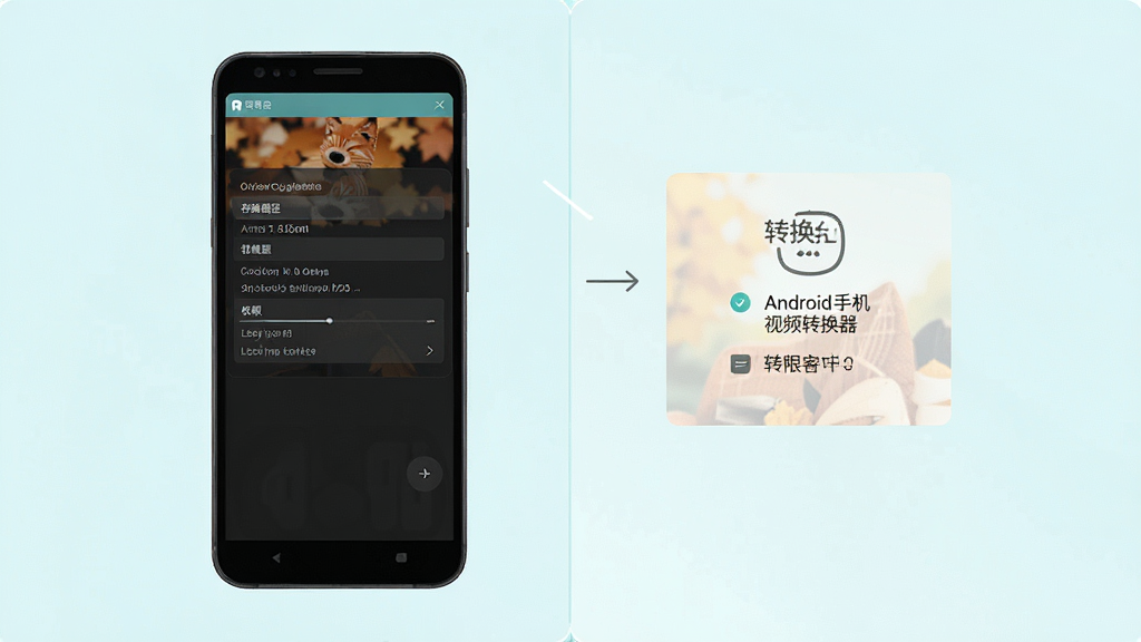 枫叶Android手机视频转换器使用技巧展示图,主体为手机屏幕显示软件设置界面和转换完成提示,布局为上下分区排版,风格为清新浅色扁平化设计,细节包括存储路径和权限设置选项文字,画质高清,画面干净,无多余元素