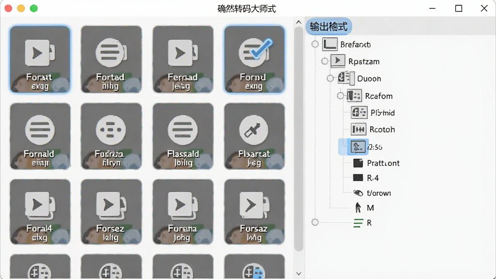 确然转码大师格式支持界面截图风格,主体为软件界面,布局左侧为输入格式图标矩阵,右侧为输出格式选择树,排版清晰,风格为扁平化设计,细节包含格式扩展名文字、高亮选中状态,画质清晰,干净,无多余元素。