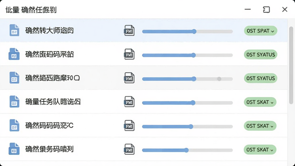 确然转码大师批量任务队列界面示意图,主体为软件任务列表,布局为多行文件条目,排版纵向排列,风格为清爽浅色主题,细节包含文件名、格式图标、进度条、状态标签,画质清晰,干净,无多余元素。