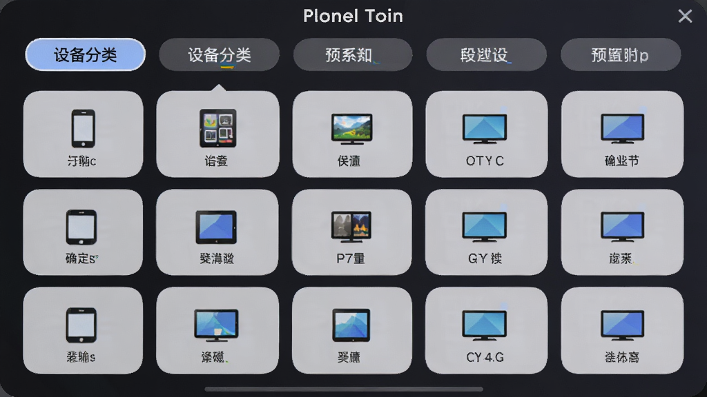 确然转码大师移动设备预设选择界面,主体为软件输出配置面板,布局上方为设备分类标签,下方为具体型号列表,排版网格化,风格为圆角卡片设计,细节包含手机、平板、电视图标,画质清晰,干净,无多余元素。