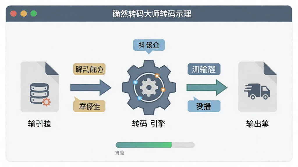 确然转码大师转码原理示意图,主体为软件界面与格式转换流程图,布局左侧为输入文件图标,中间为转码引擎齿轮图标,右侧为输出文件图标,排版横向流程式,风格为扁平化信息图,细节包含箭头、格式标签、进度指示,画质清晰,干净,无多余元素。