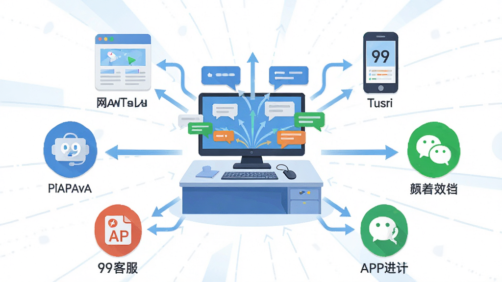 一张展示99客服多渠道统一接待功能的示意图,主体为中央客服工作台与四周环绕的网站、手机、微信、APP等多个渠道图标,布局采用中心辐射式结构,排版突出多源汇聚的视觉效果,风格为科技感扁平插画,细节包括连线箭头、渠道标识、消息气泡汇聚到中央屏幕,画质高清干净无多余元素