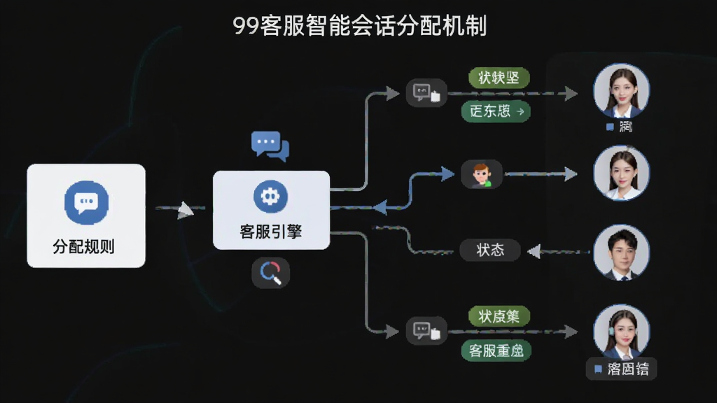 一张展示99客服智能会话分配机制的流程图,主体为访客请求进入系统后经过分配引擎流向不同客服节点的过程,布局采用从左到右的流程式排版,风格为简约商务信息图,细节包括分配规则图标、客服头像节点、流转箭头、状态标签,画质高清干净无多余元素