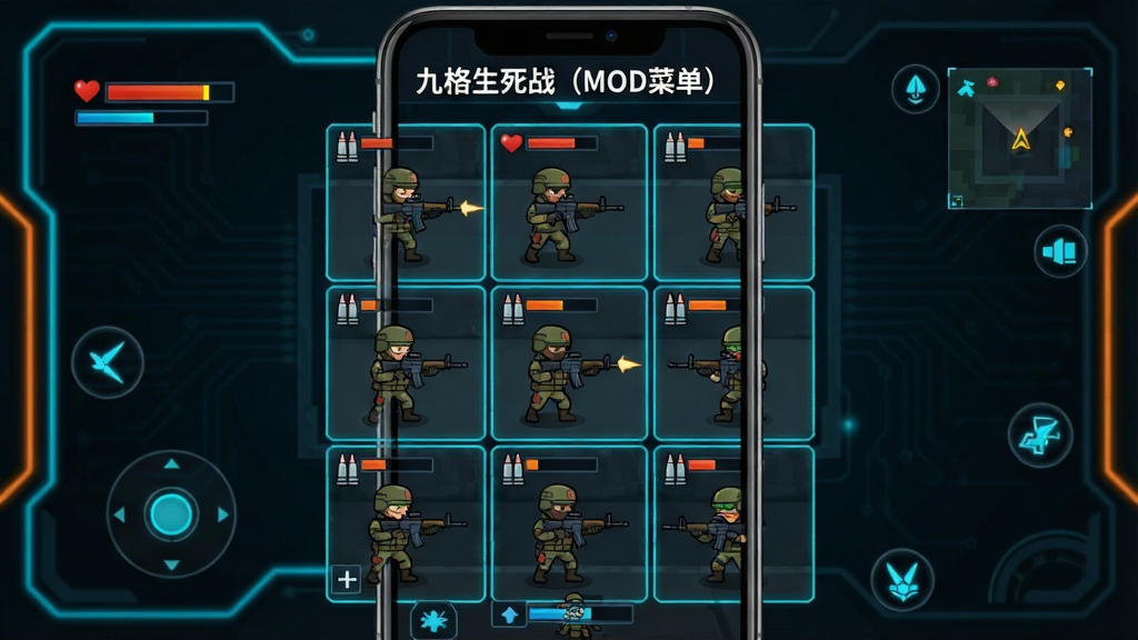 一张展示手机射击游戏界面的图片,画面主体为竖屏手机屏幕,屏幕内呈现九宫格布局的战术射击战场,每个格子中有不同姿态的卡通士兵角色,顶部显示