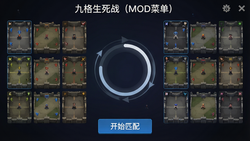 一张展示手机游戏匹配对局界面的图片,画面中央为旋转的匹配进度圈,周围环绕九宫格战场缩略图,底部显示