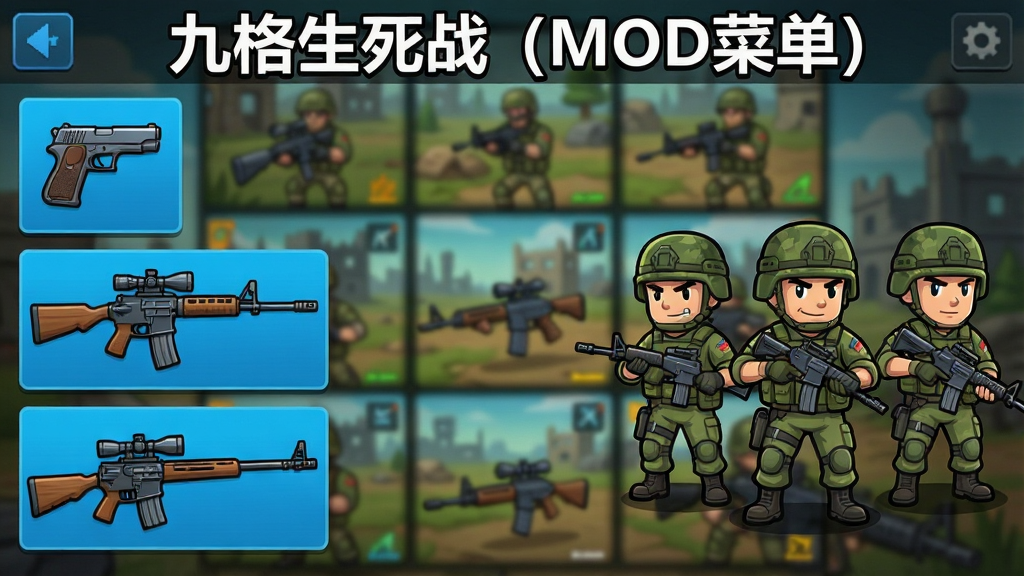 一张展示多种射击武器和角色选择的游戏界面图片,画面分为左右两部分,左侧排列手枪、步枪、狙击枪等武器图标,右侧展示三个不同造型的卡通士兵角色,背景为九宫格战场虚化效果,顶部有