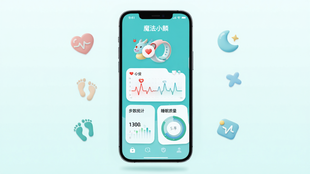 画面中央展示一款名为“魔法小麟”的手机应用界面,界面中包含健康指环图标、心率曲线图、步数统计卡片和睡眠质量环形图,整体采用清新蓝绿色调,手机屏幕悬浮在浅色渐变背景之上,周围点缀少量抽象的健康符号如心形、脚印和月亮,布局简洁对称,风格偏向现代扁平化科技感,细节上突出数据图表的清晰度与图标的圆润质感,画质高清,干净,无多余元素