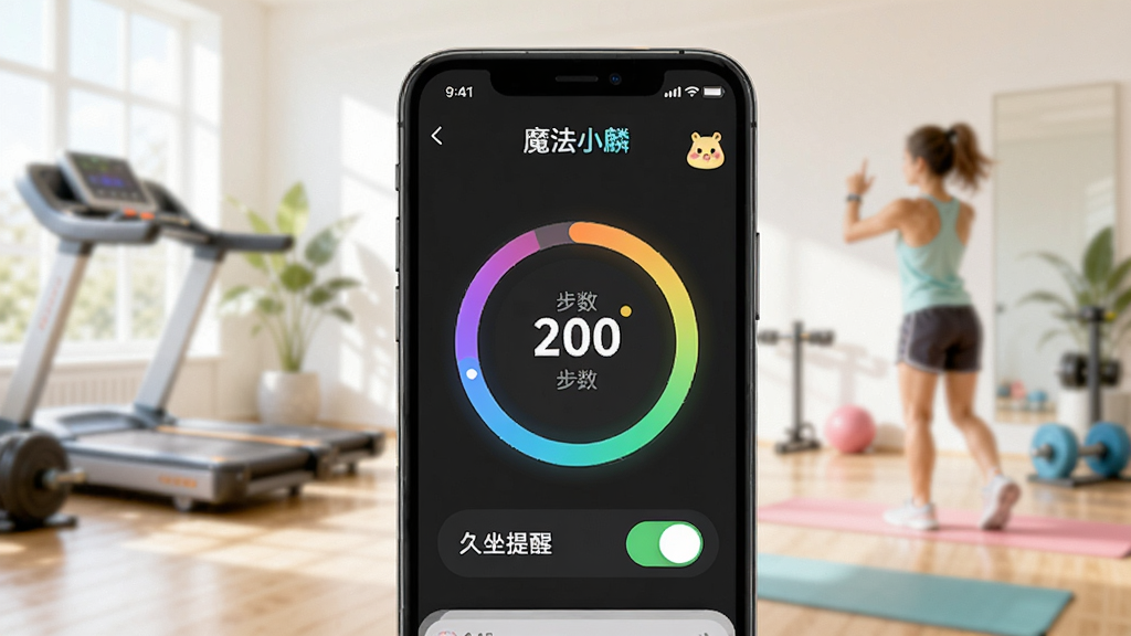 画面展示“魔法小麟”应用中的运动目标设置页面,手机屏幕显示步数进度环和久坐提醒开关,背景为明亮的室内健身场景虚化图,风格活力清新,细节上突出进度环的渐变色彩和提醒图标的小巧精致,画质高清,干净,无多余元素
