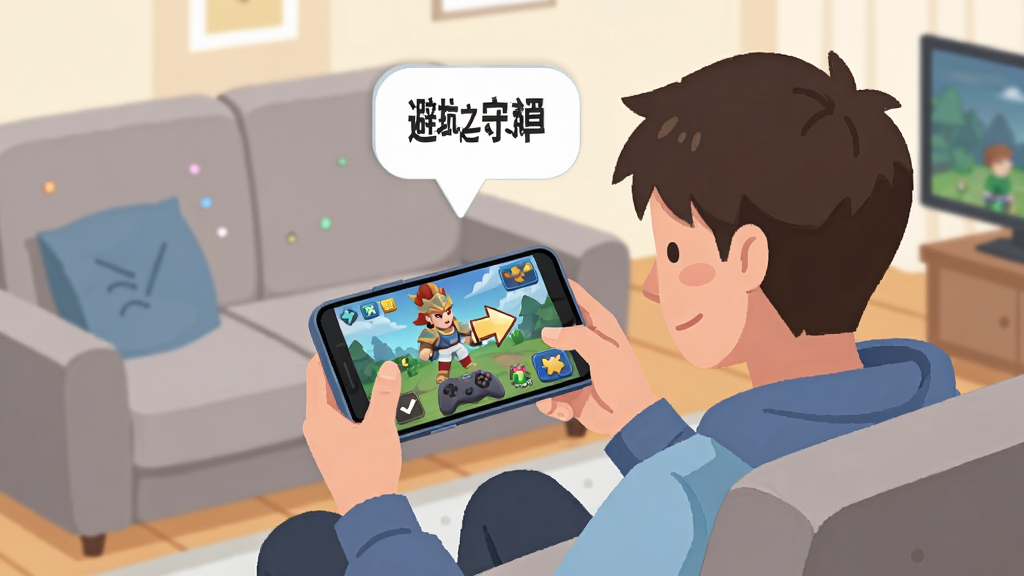 画面展示一位新手玩家坐在沙发上使用手机玩“龙之守护”,手机屏幕中显示游戏主界面与新手引导箭头,旁边有虚拟的避坑提示气泡,布局为生活场景式,风格为扁平插画,细节包含手机、沙发、游戏UI元素,画质清晰,画面干净,无多余元素