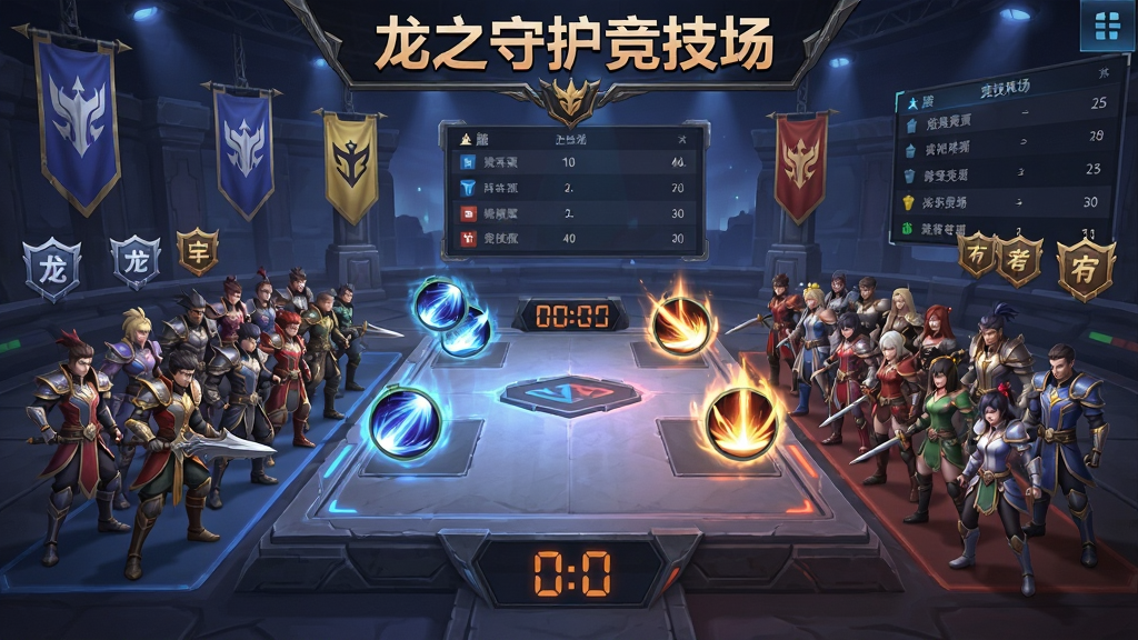 画面展示跨服竞技场场景,两侧分别站着不同服务器的玩家阵容,中间是巨大的对战擂台,背景有公会旗帜与排行榜,画面顶部带有“龙之守护”竞技场字样,布局为对称对抗式,风格为电竞风格游戏界面,细节包含排名徽章、战斗倒计时、技能特效,画质清晰,画面干净,无多余元素