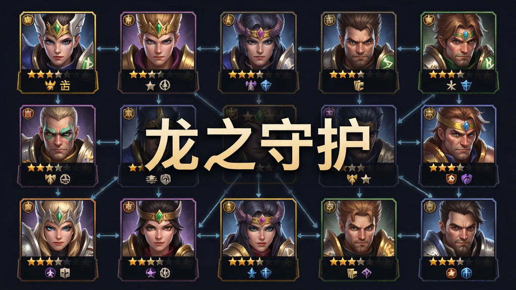 画面展示一面英雄收集墙,格子中排列着不同职业的英雄头像,每个头像下方标注星级与职业图标,画面中央浮现“龙之守护”四个大字,布局为网格陈列式,风格为游戏图鉴界面,细节包含英雄边框、稀有度颜色区分、羁绊连线,画质高清,画面干净,无多余元素