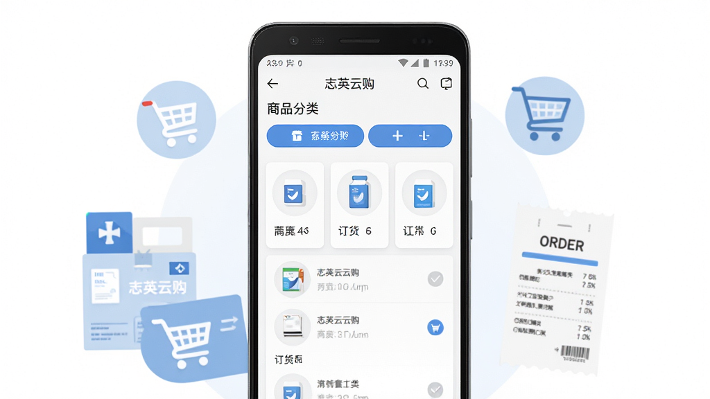 志英云购手机应用主界面预览图,画面中央展示一部安卓手机,屏幕内呈现志英云购APP的商品分类页面与订货列表,手机周围环绕医药盒、购物车图标与订单小票等元素,整体布局居中、上下留白均衡,风格为清爽商务扁平化,细节包含蓝色主色调按钮、白色卡片式商品栏目、圆形图标,画质高清、干净、无多余元素