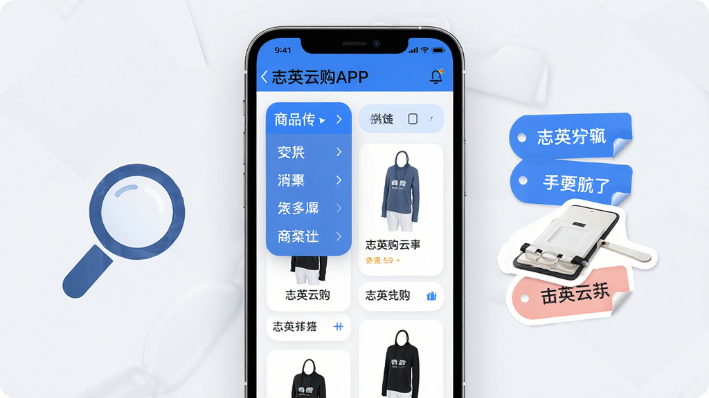 志英云购APP商品分类浏览界面,画面以手机屏幕为主体,屏幕中展示多层商品分类菜单与商品卡片列表,旁边放置放大镜图标与标签贴纸,布局采用左右分栏、视觉重心居中,风格为现代简约商务风,细节包含蓝白配色、圆角卡片、清晰的文字层级,画质高清、干净、无多余元素