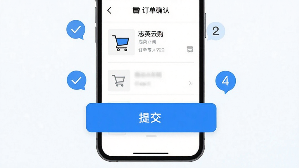 志英云购APP一键下单操作界面,画面展示手机屏幕中的购物车与订单确认页面,屏幕下方有醒目的提交按钮,周围点缀勾选图标与数字气泡,布局为上下结构、按钮位于视觉焦点,风格为扁平化移动端UI风格,细节包含蓝色高亮按钮、白色背景、灰色分割线,画质高清、干净、无多余元素