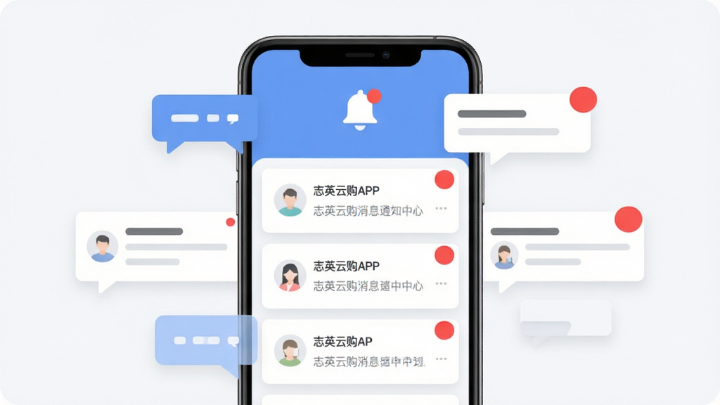 志英云购APP消息通知中心界面,画面展示手机屏幕中的消息列表与红点提醒,屏幕上方有铃铛图标,周围环绕对话气泡与通知卡片,布局为居中对称、层次分明,风格为轻量扁平化设计,细节包含红色角标、白色卡片、灰色文字说明,画质高清、干净、无多余元素