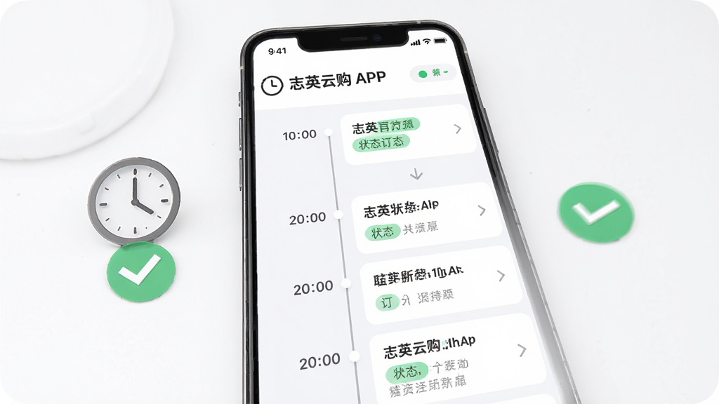 志英云购APP订单跟踪页面,画面中央为手机屏幕,屏幕内显示订单状态时间轴与列表条目,旁边搭配时钟图标与对勾标记,布局为纵向时间线、视觉引导自上而下,风格为清爽浅色商务风,细节包含绿色状态标签、灰色辅助文字、白色卡片背景,画质高清、干净、无多余元素