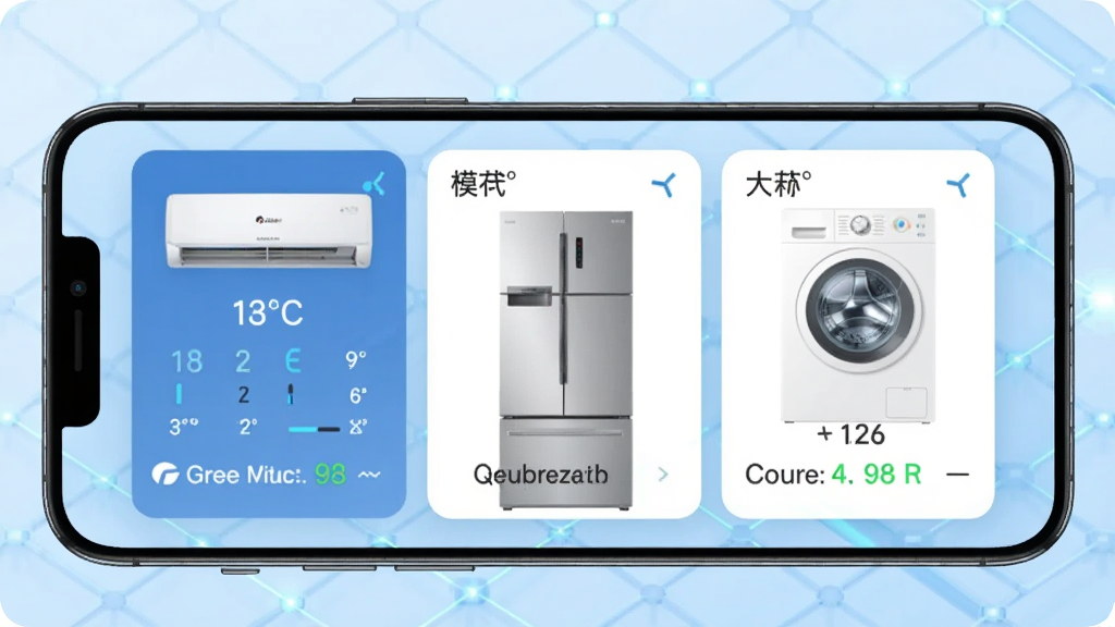 一部手机横向放置,屏幕中同时显示格力空调、冰箱、洗衣机三个设备控制卡片,卡片带有温度、模式、运行状态等信息,背景为淡蓝色渐变科技感网格,风格扁平化设计,细节清晰,画质锐利,画面干净无杂物