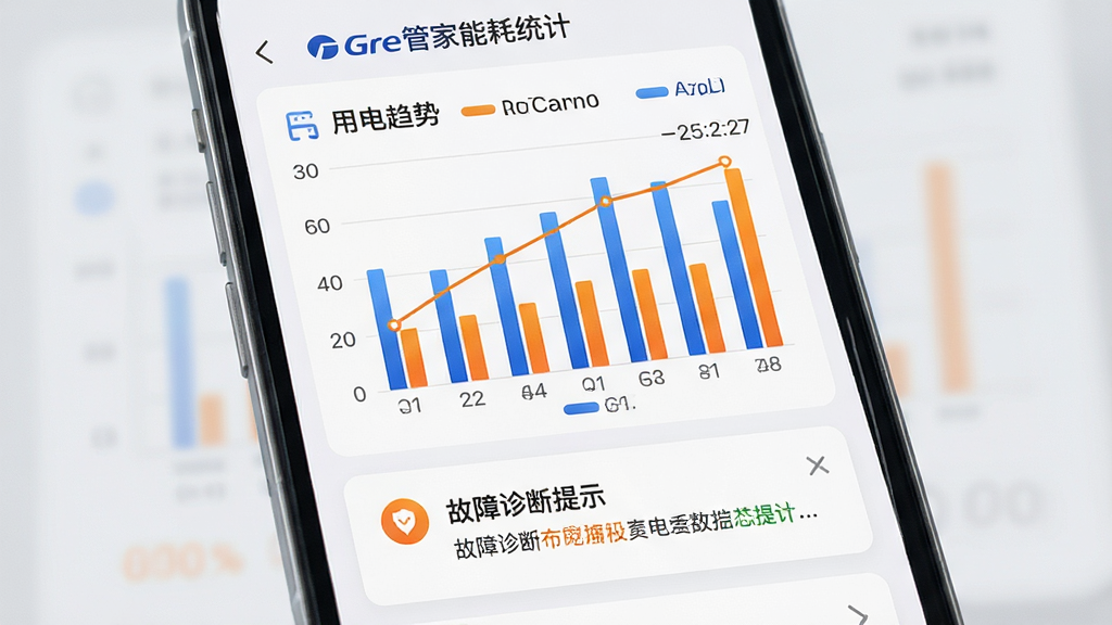 一部手机屏幕显示格力管家能耗统计图表,柱状图与折线图结合展示用电趋势,下方有故障诊断提示卡片,背景为浅灰色极简风格,图表颜色为蓝色与橙色,细节清晰,画质干净,无多余装饰元素