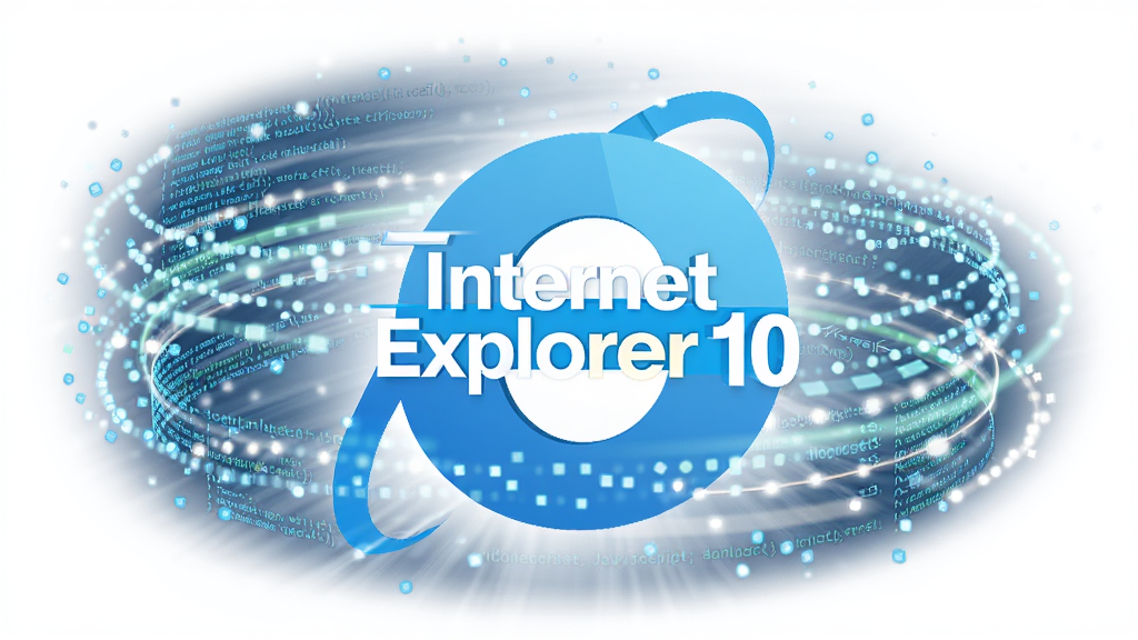 一幅表现 Internet Explorer 10 内部 JavaScript 引擎高速运转的科技插画,画面中央是带有“Internet Explorer 10”字样的浏览器图标,周围环绕着由光点组成的代码流与数据环,布局为居中构图,风格为未来科技感,细节上体现速度线与粒子特效,画质清晰,干净,无多余元素