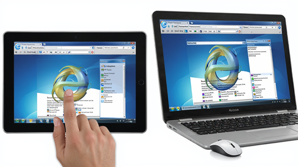 一张展示 Internet Explorer 10 在触控屏与鼠标两种设备上使用的场景合成图,画面左边是手指触摸平板屏幕,右边是鼠标点击笔记本屏幕,浏览器界面保持一致,布局为左右对比,风格为产品使用场景图,细节上体现设备边框与界面细节,画质清晰,干净,无多余元素