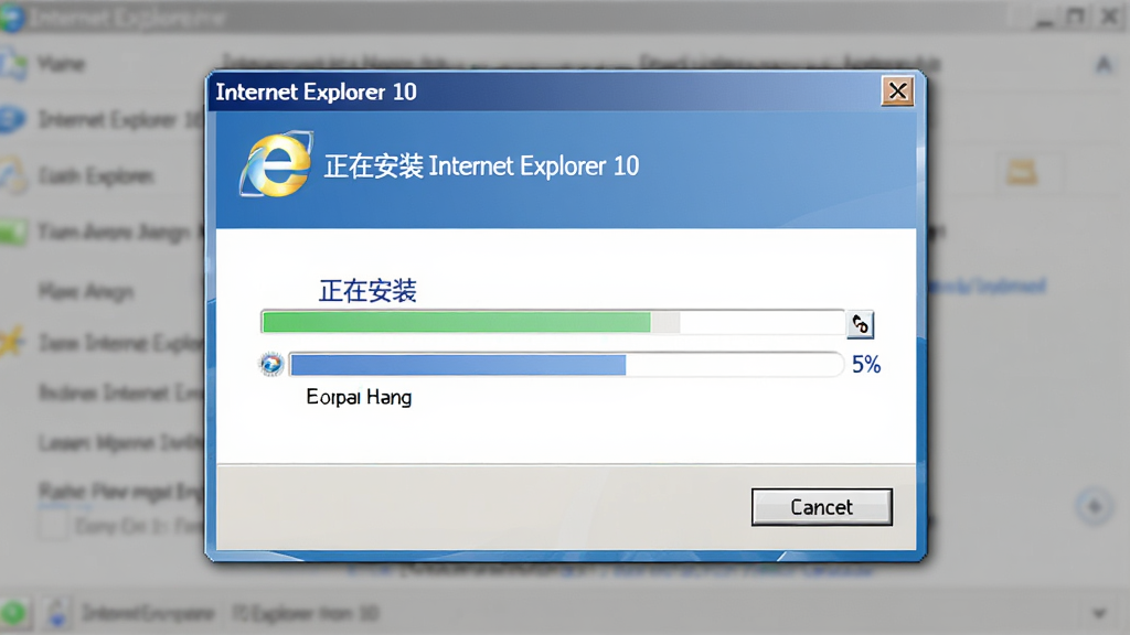 一张展示 Internet Explorer 10 安装向导界面的截图风格图片,画面中央是安装进度条与“正在安装 Internet Explorer 10”字样,布局为居中弹窗,风格为软件安装界面,细节上体现进度百分比与取消按钮,画质清晰,干净,无多余元素
