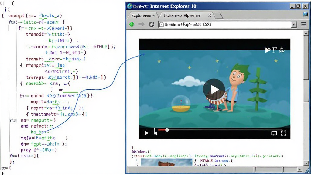 一张展示 Internet Explorer 10 渲染 HTML5 与 CSS3 网页效果的示意图,画面左侧是代码片段,右侧是浏览器窗口中流畅播放的视频与动画图形,布局为左右分栏,风格为技术演示风格,细节上体现代码高亮与渲染对比,画质清晰,干净,无多余元素