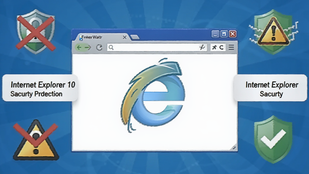 一张展示 Internet Explorer 10 安全防护功能的示意图,画面中央是带有盾牌图标的浏览器窗口,周围环绕着拦截提示与安全认证标志,布局为居中环绕,风格为安全主题插画,细节上体现盾牌光泽与警告标识,画质清晰,干净,无多余元素