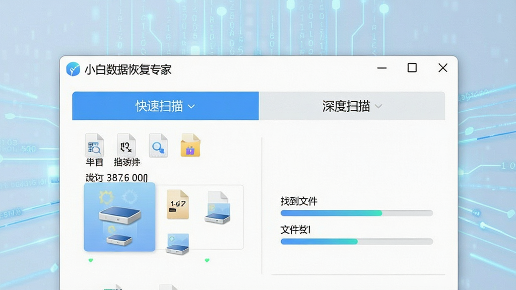 小白数据恢复专家多场景深度扫描功能展示图,画面主体为软件扫描进度界面,包含“快速扫描”与“深度扫描”两个选项卡,下方展示正在扫描的磁盘分区与已找到文件数量,背景为科技感淡蓝色数据流线条,布局简洁,风格专业,细节包含文件类型图标与进度条,画质清晰,干净,无多余元素