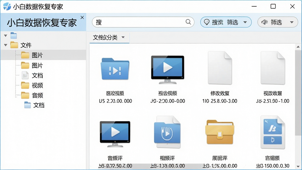小白数据恢复专家文件预览与筛选界面,画面展示软件名称“小白数据恢复专家”,左侧为文件类型分类树,包含图片、文档、视频、音频等文件夹图标,右侧为文件缩略图预览区域,顶部有搜索与筛选按钮,界面风格清新浅色,布局规整,细节包含文件大小与修改时间信息,画质清晰,干净,无多余元素