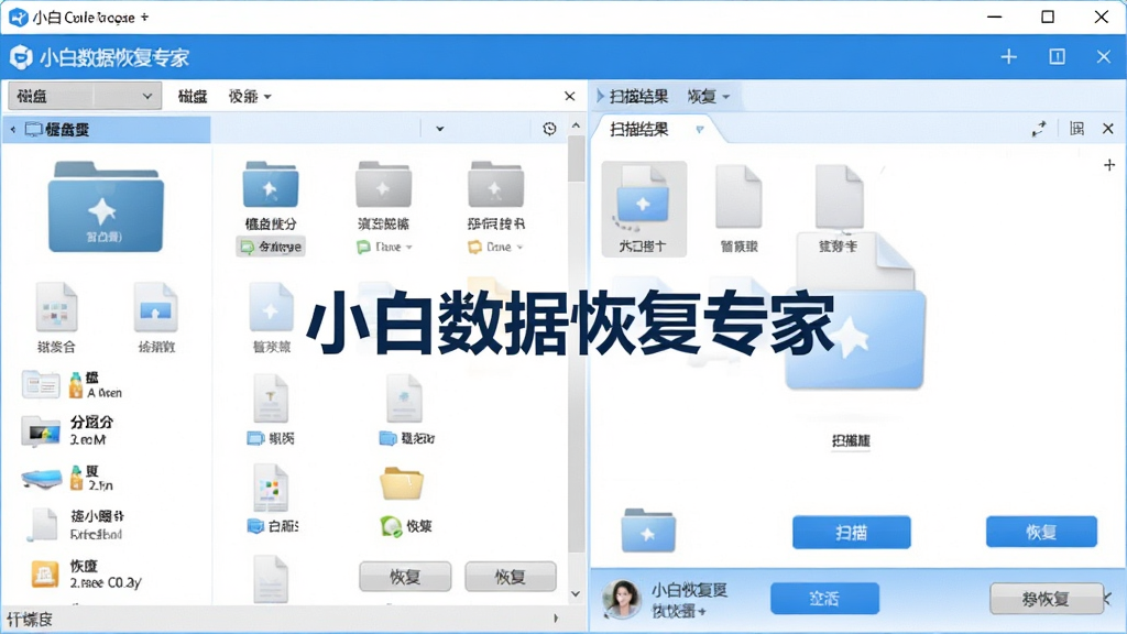 小白数据恢复专家软件主界面截图,画面中央展示软件名称“小白数据恢复专家”,左侧为磁盘分区与存储设备列表,右侧为扫描结果预览区域,界面风格简洁清爽,蓝白配色,布局清晰,包含文件类型图标与恢复按钮,整体为软件界面截图风格,画质清晰,干净,无多余元素