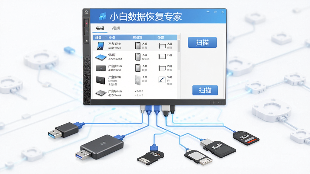 小白数据恢复专家多存储设备支持示意图,画面中央为电脑主机连接U盘、移动硬盘、SD卡等多种存储设备的拓扑图,软件名称“小白数据恢复专家”显示在界面顶部,界面展示设备列表与扫描按钮,风格简洁科技感,布局清晰,细节包含各设备图标与容量信息,画质清晰,干净,无多余元素