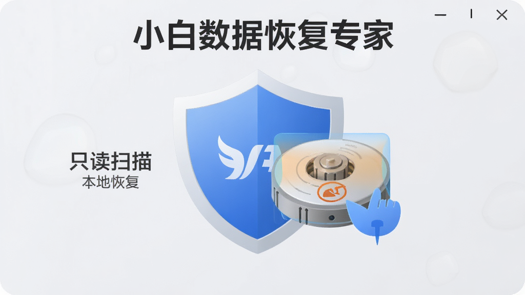 小白数据恢复专家安全只读扫描概念图,画面展示软件名称“小白数据恢复专家”,主体为盾牌图标与磁盘只读扫描示意图,背景为淡灰色,布局简洁,风格安全可靠,细节包含“只读扫描”“本地恢复”等文字标识,画质清晰,干净,无多余元素