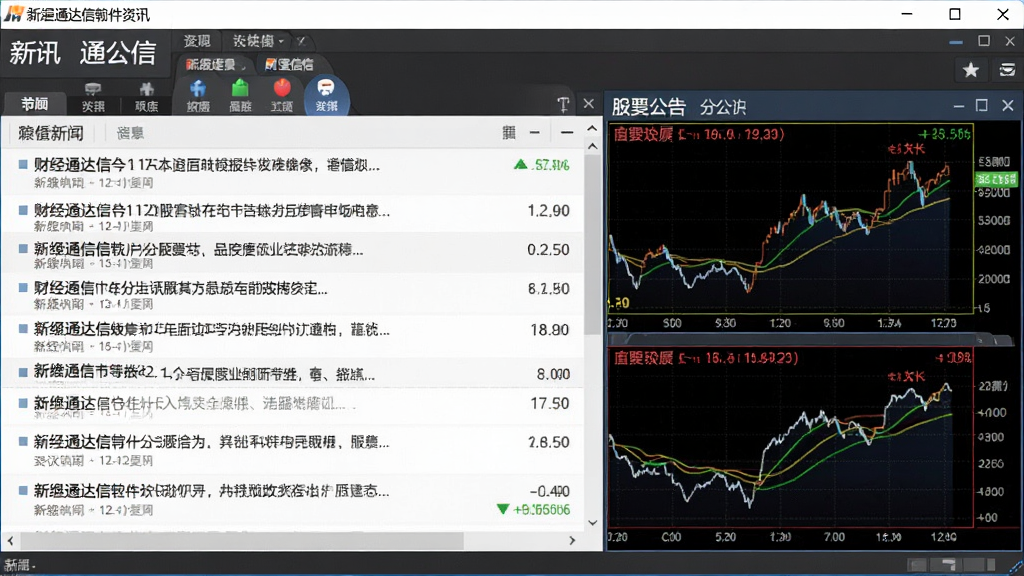 一张新浪通达信软件资讯面板的图片,画面中显示财经新闻列表与股票公告内容,右侧有对应个股的分时图,界面排版整齐,风格商务专业,画质清晰干净,无多余元素