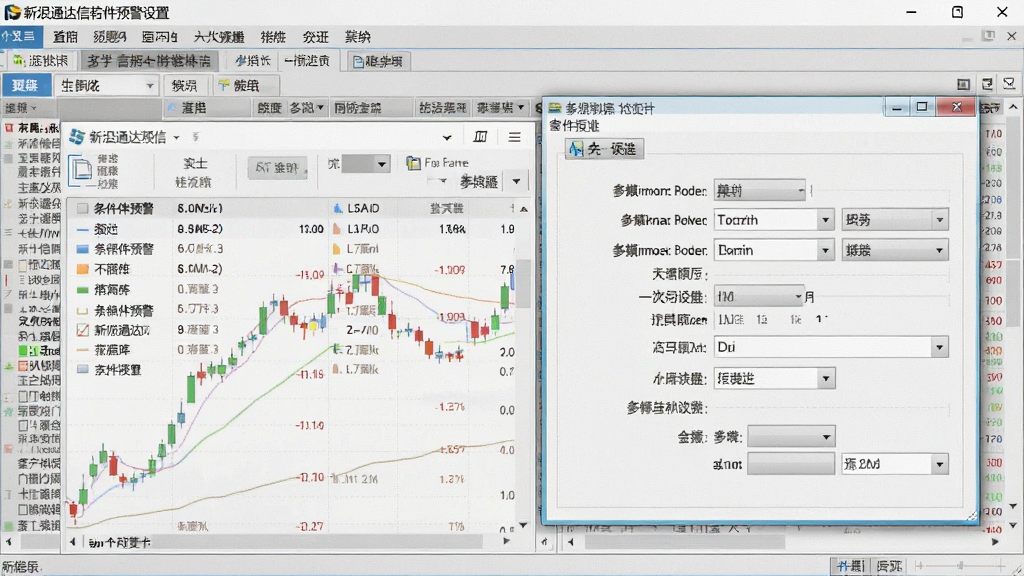 一张新浪通达信软件预警设置界面的图片,画面中显示条件预警列表与参数设置窗口,背景为行情列表,风格简洁实用,画质清晰干净,无多余元素