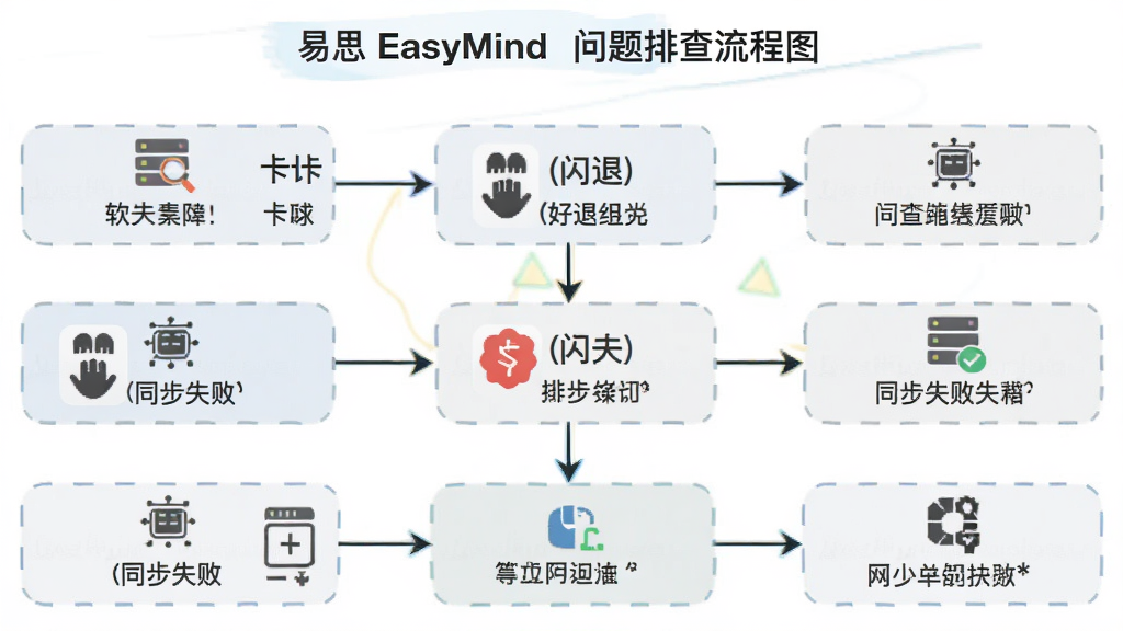 易思 EasyMind 问题排查流程图,主体为软件故障排查步骤图示,布局为从上到下流程排列,排版清晰,风格为扁平化信息图,细节包含卡顿、闪退、同步失败等图标与文字说明,画质高清,干净,无多余元素