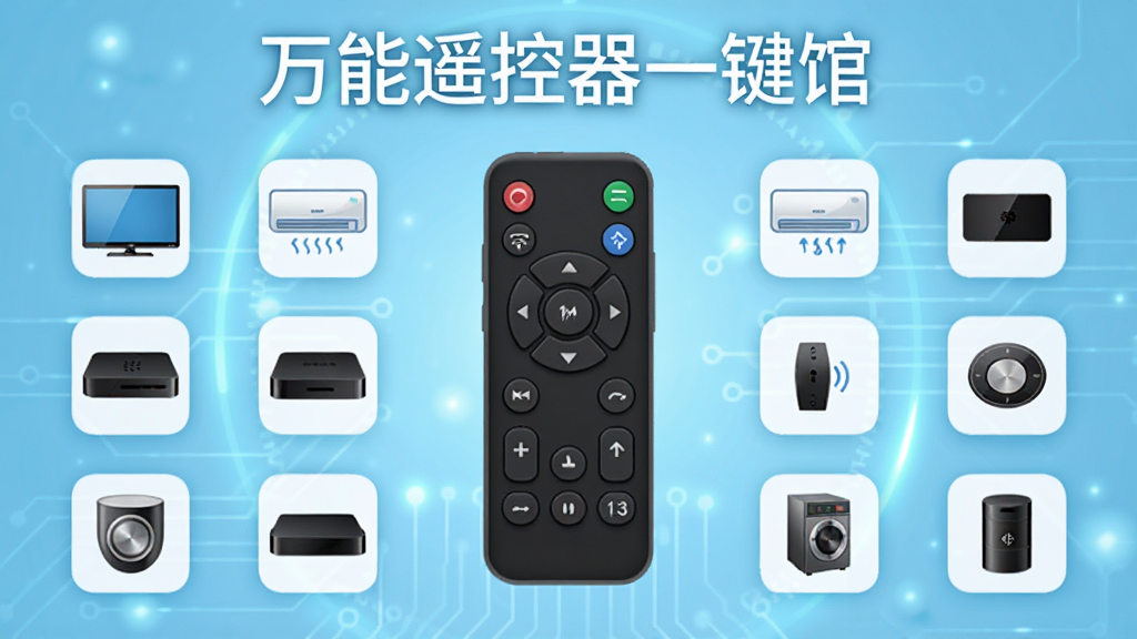 一张展示万能遥控器一键馆APP内部界面的图片,画面中央是一个虚拟遥控器面板,周围环绕着各种家电的图标,如电视、空调、机顶盒等,背景是浅蓝色的科技光效,界面顶部有“万能遥控器一键馆”的文字,整体风格简洁直观,图标清晰,画质干净,无多余元素