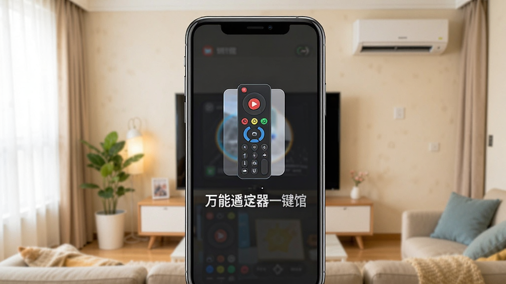 一张展示智能手机的界面截图,手机屏幕显示着万能遥控器一键馆的APP界面,界面设计简洁现代,背景是温馨的客厅环境,客厅里有一台电视和空调,手机屏幕上有清晰的遥控器图标和“万能遥控器一键馆”的文字标识,整体风格是科技感与生活化结合,画质清晰,干净明亮,无多余杂乱元素