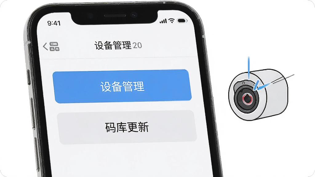 一张展示万能遥控器一键馆APP设置界面的图片,手机屏幕显示“设备管理”和“码库更新”按钮,屏幕旁边有一个红外发射孔的示意图,背景是简洁的白色,整体风格清晰,画质干净,无多余元素