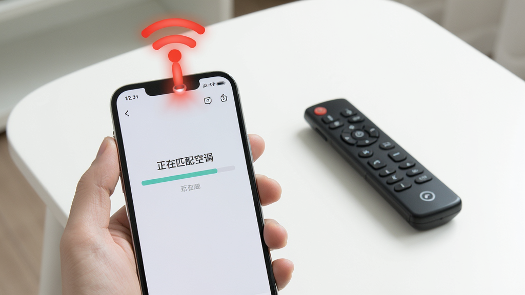 一张展示万能遥控器一键馆APP配对过程的图片,画面中一只手拿着手机,手机屏幕显示“正在匹配空调”的进度条,手机顶部有一个红外信号发射的动画效果,背景是简洁的白色桌面,桌面上放着一个空调遥控器,整体风格清新,画质清晰,无杂乱背景