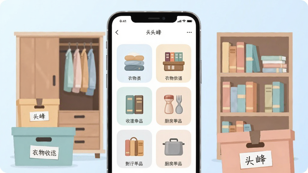 头峰是一款智能收纳管理手机应用,画面中心展示一部智能手机,手机屏幕上显示头峰APP的收纳分类界面,包含衣物、书籍、厨房用品等图标,手机周围环绕着整齐排列的收纳盒、衣柜和书架,整体布局采用居中构图,风格为清新简约的扁平化插画风,细节上收纳盒带有标签,书架上的书籍颜色柔和,画质清晰干净,无多余元素,背景为淡蓝色渐变。